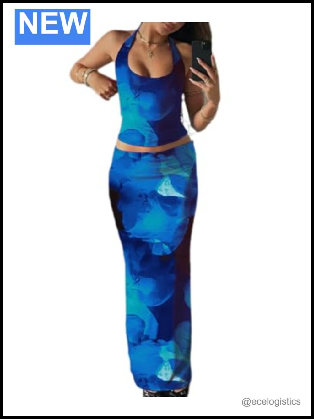 Two Piece Maxi Skirt Set Women Halter Top Floral Print Summer Outfit
